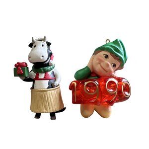 Vtg Hallmark Christmas Ornaments Elf Of The Year 1990 & Cows of Bali 1995